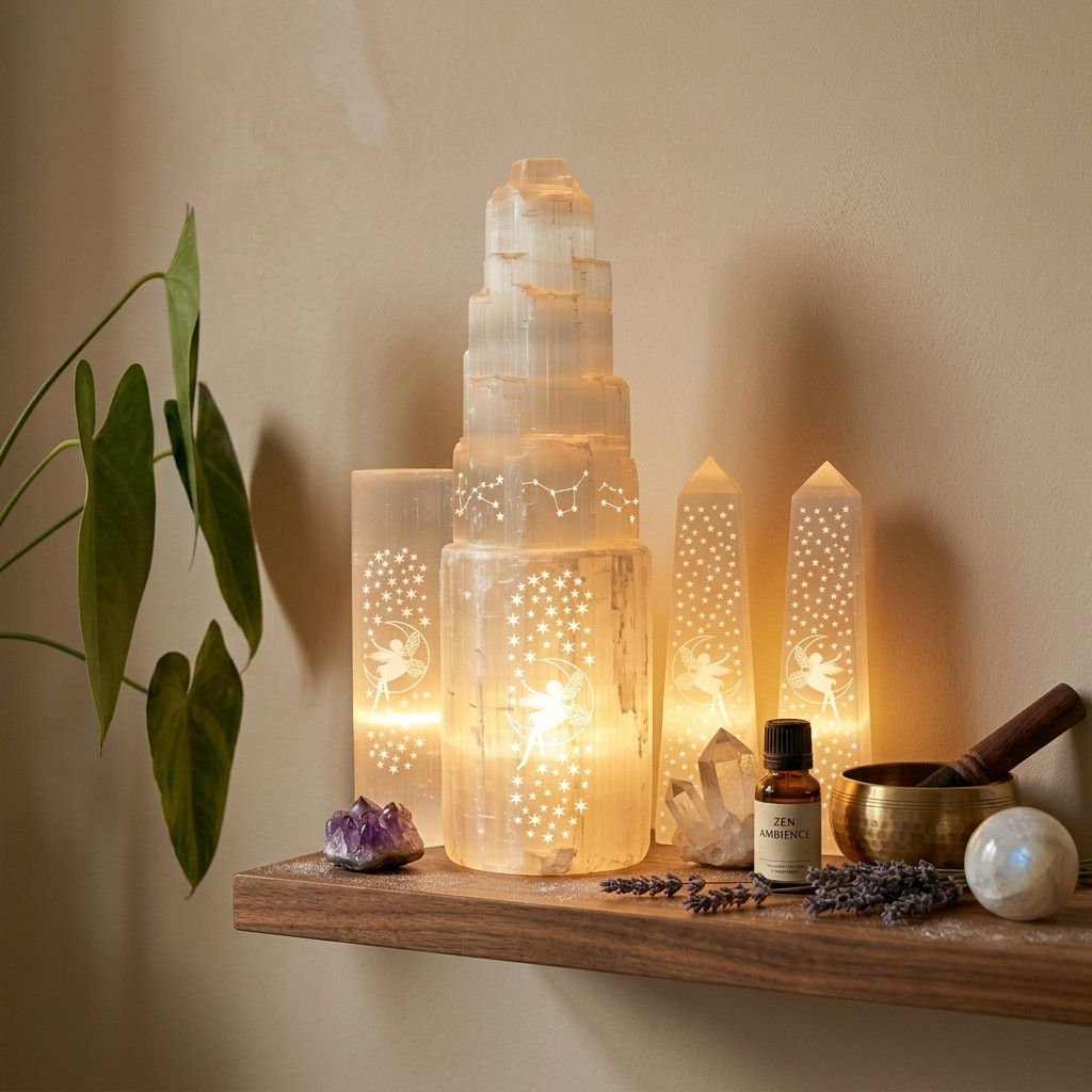 Lampe Sélénite Gravée Lune & Fée - Décorations - Livraison Maroc