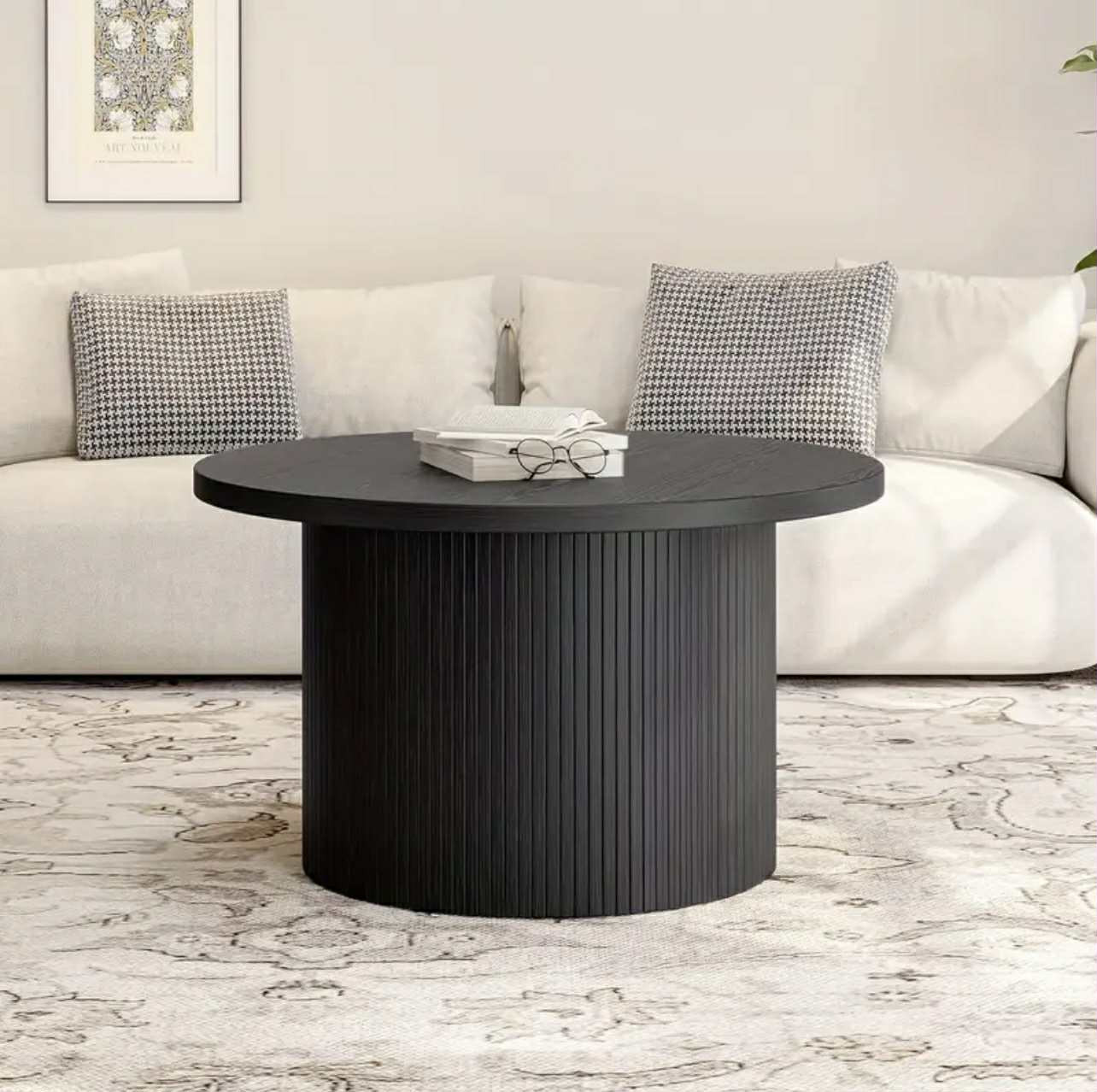 Table basse ronde de 80,01 cm, style tambour, style moderne du milieu du siècle, en bois, noire