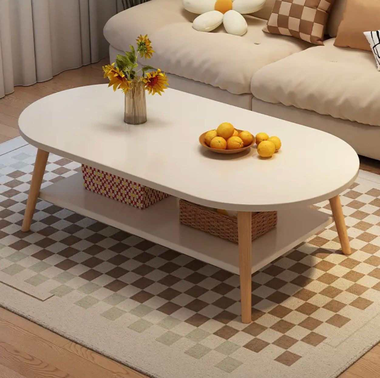 Table basse compacte en bois à 2 niveaux avec plateau et pieds blancs. - Ameublement - Image 2 - Livraison Maroc