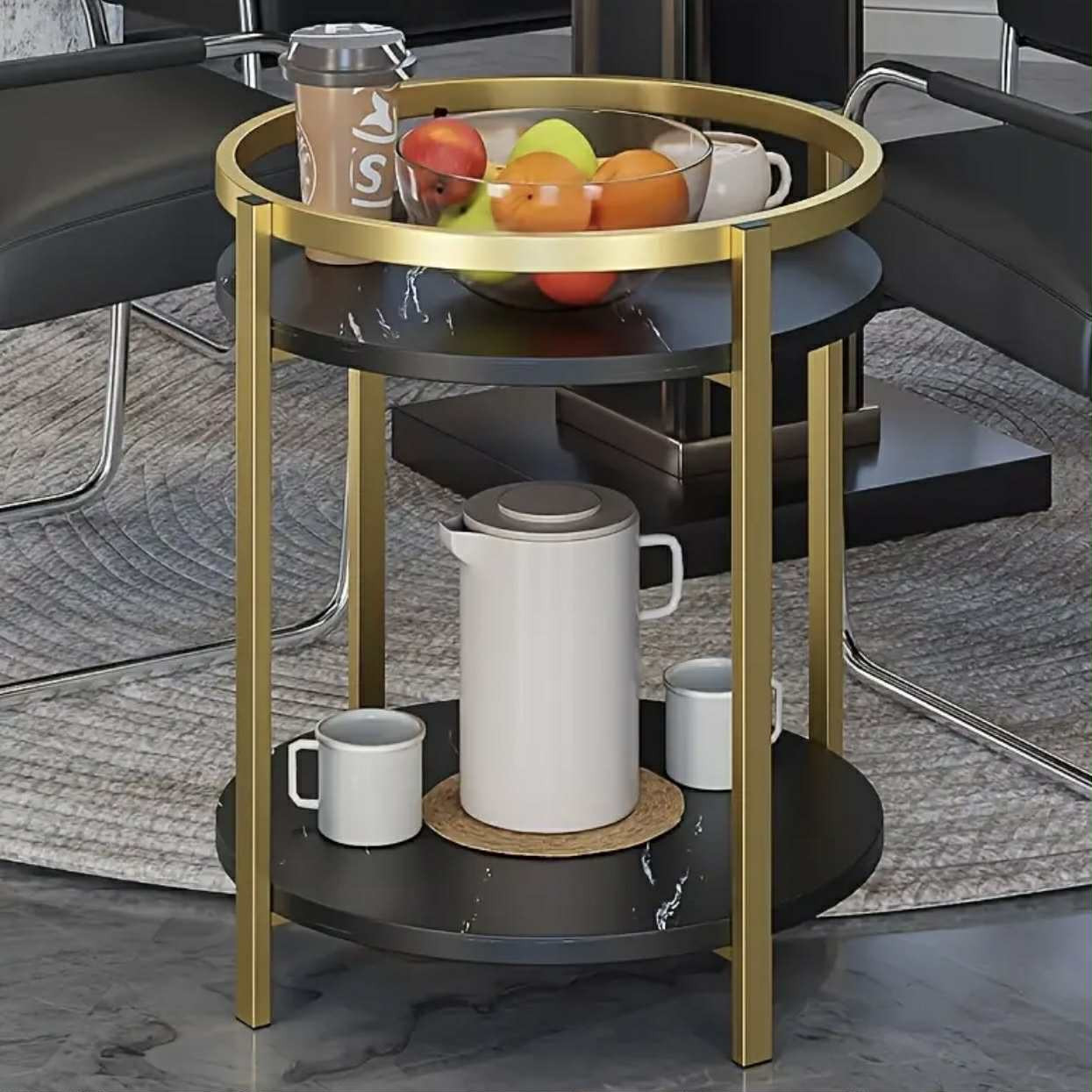 Table d'appoint ronde moderne à deux niveaux avec pieds dorés - Tables rondes - Image 3 - Livraison Maroc