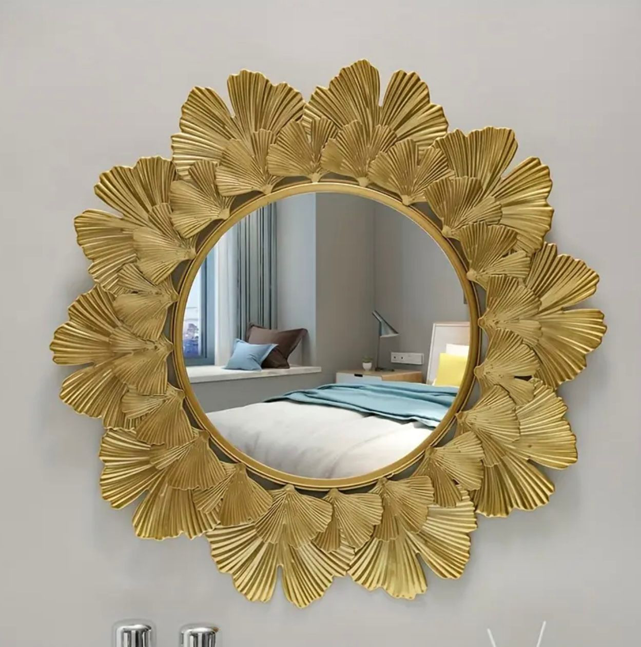 Miroir mural moderne Golden Ginkgo Leaf - Décor élégant pour chambre. - Miroirs décoratifs - Livraison Maroc