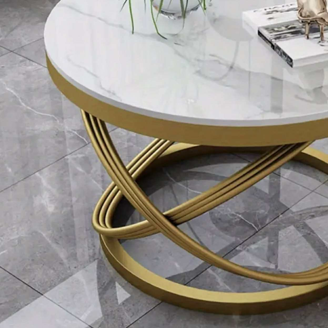 Table basse ronde contemporaine en pierre avec base en métal doré - D. - Tables basses - Photo detail - Livraison Maroc