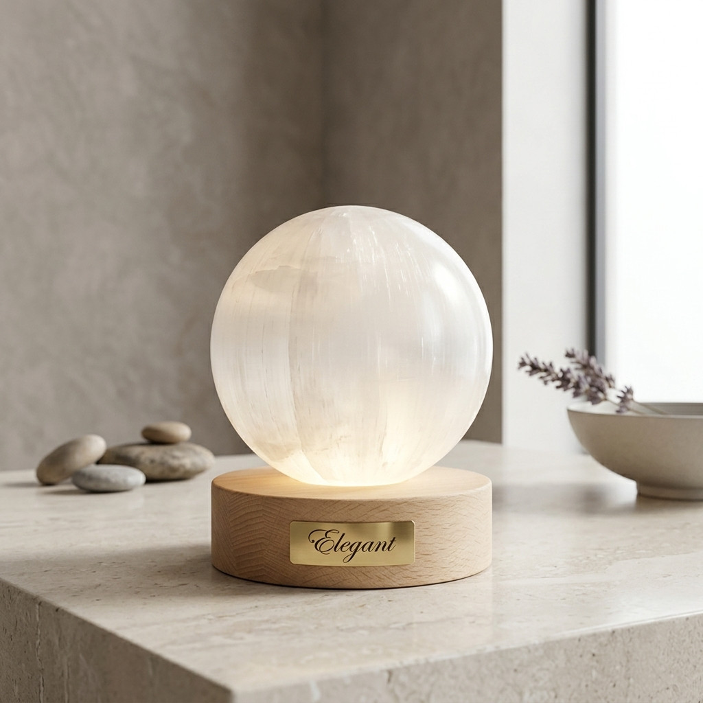 Sphère en Sélénite sur Socle Bois - Décorations - Livraison Maroc