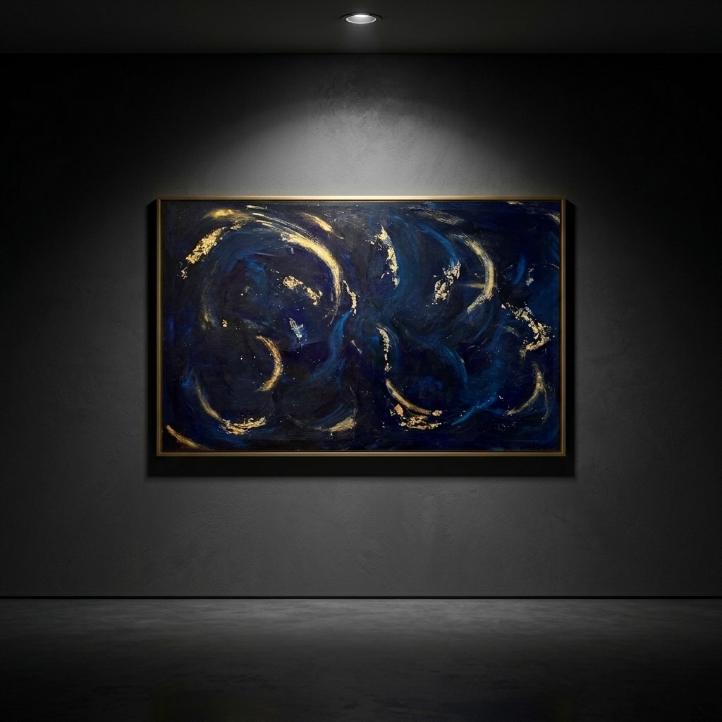 Tableau abstrait bleu nuit et doré
