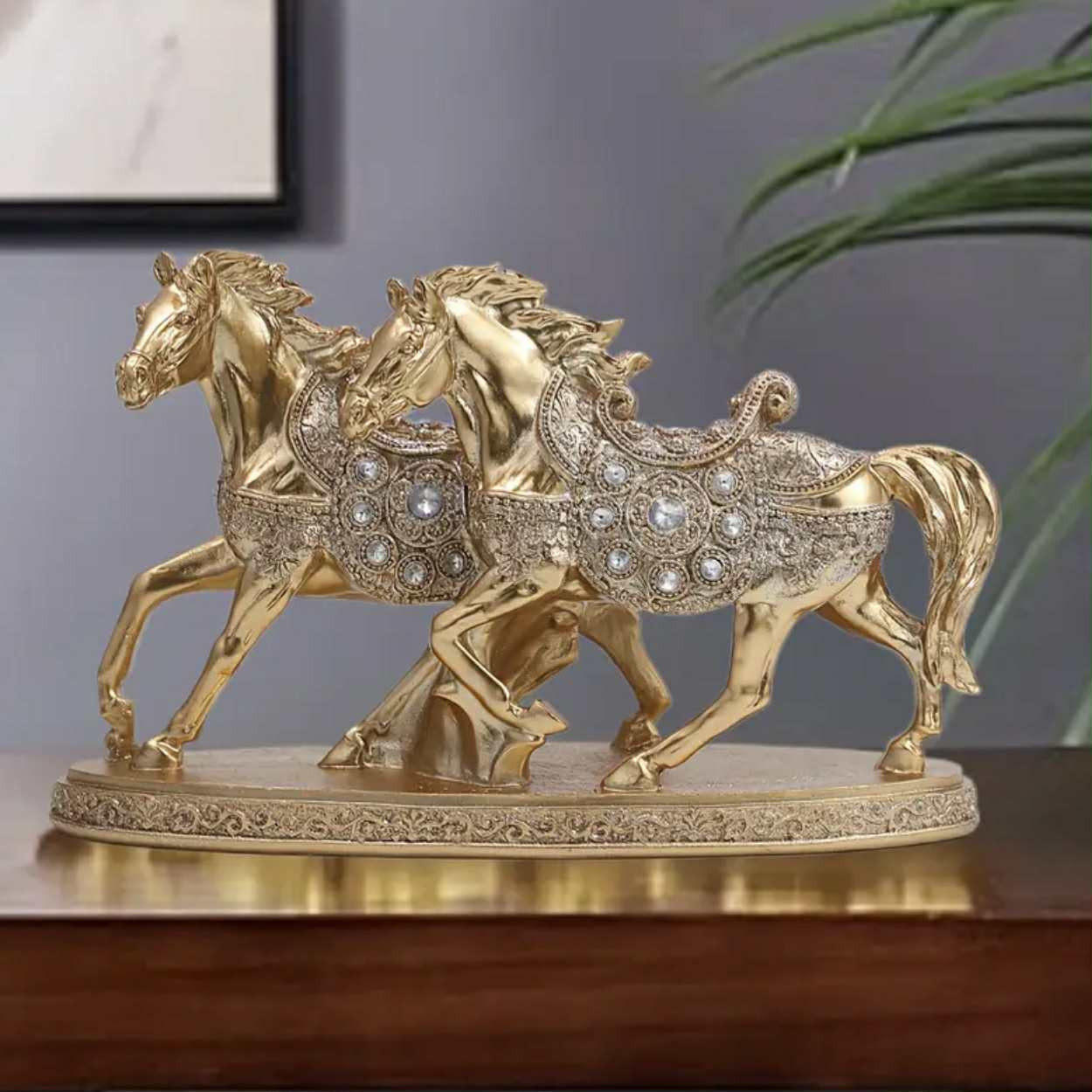 Statue de luxe TY, double cheval doré – Sculpture en résine de style européen ornée de cristaux