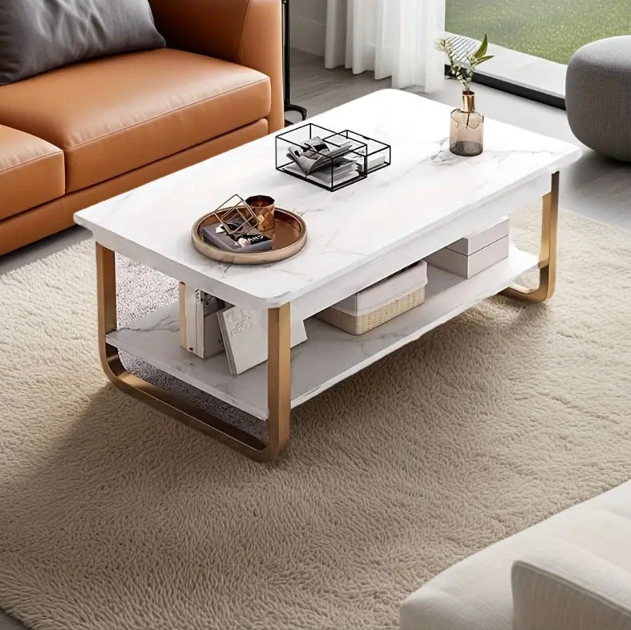 Table basse en marbre moderne - Design rectangulaire à 2 niveaux avec des accents dorés, plateau en marbre blanc et noir
