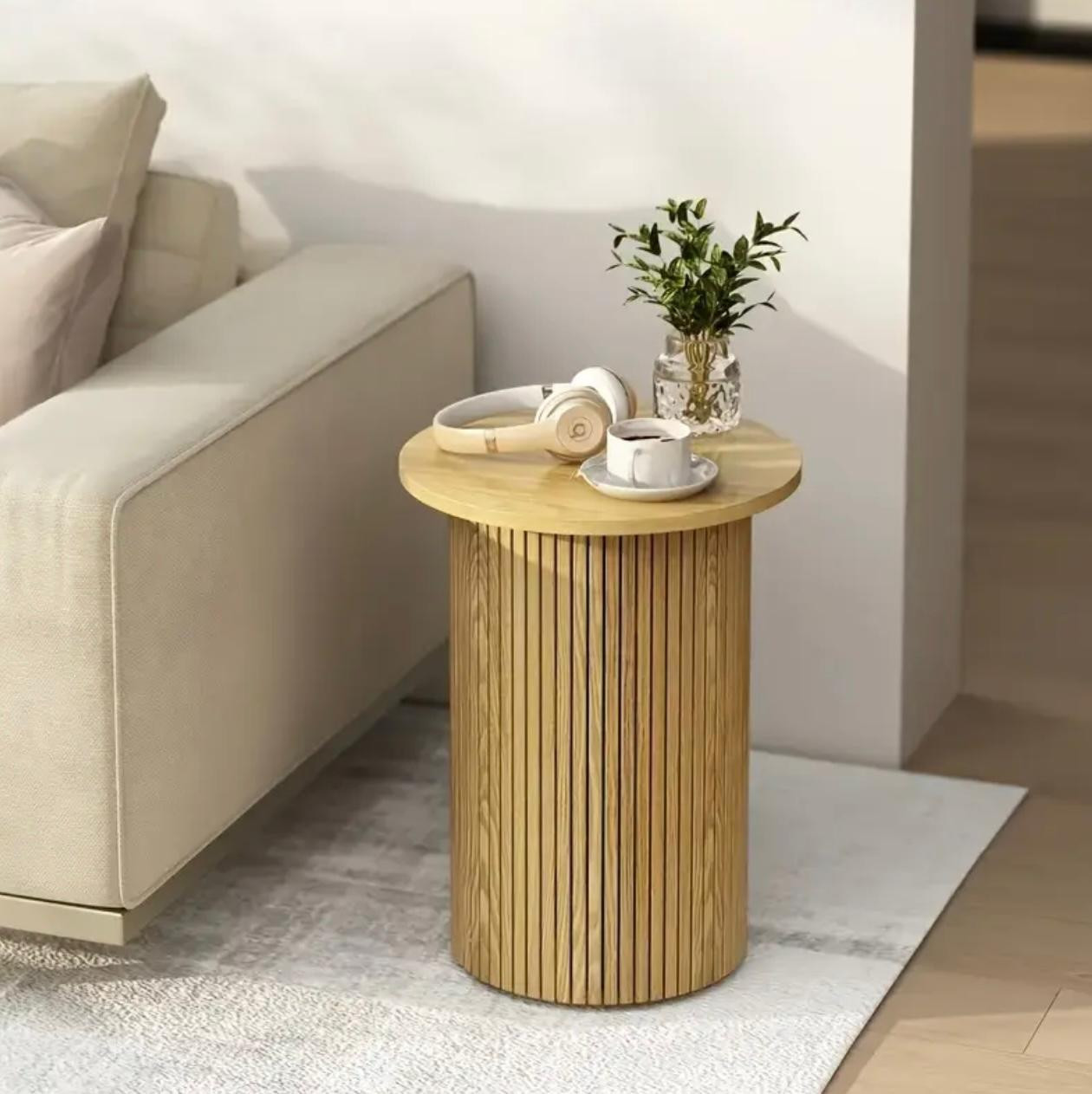 Table moderne à bord concave ronde 1pc avec placage de bois tendre et. - Tables de chevet - Photo detail - Livraison Maroc