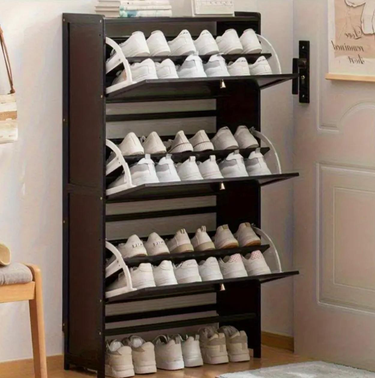 Armoire à chaussures noire à 2 niveaux avec 2 tiroirs rabattables, or. - Rangements - Image 3 - Livraison Maroc