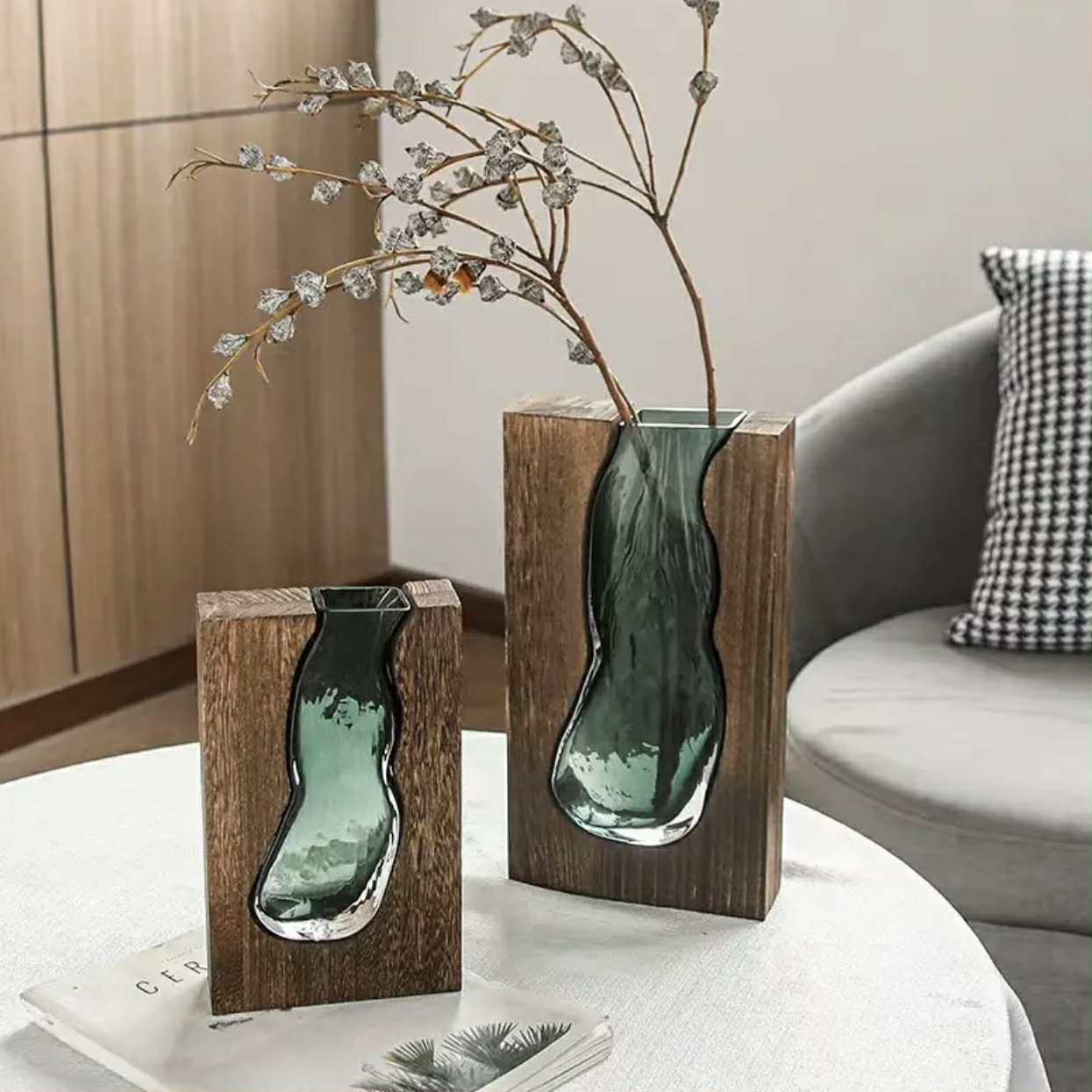 Vase en Verre de Style Chinois Nouveau en Bois Massif, Décoré par des. - Vases & Bougeoirs - Photo detail - Livraison Maroc