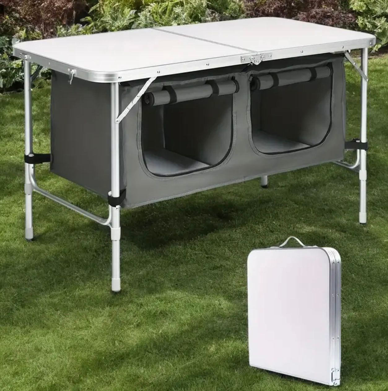 Table de camping pliante en aluminium robuste avec boîte de rangement. - Mobilier d'Extérieur - Image 1 - Livraison Maroc