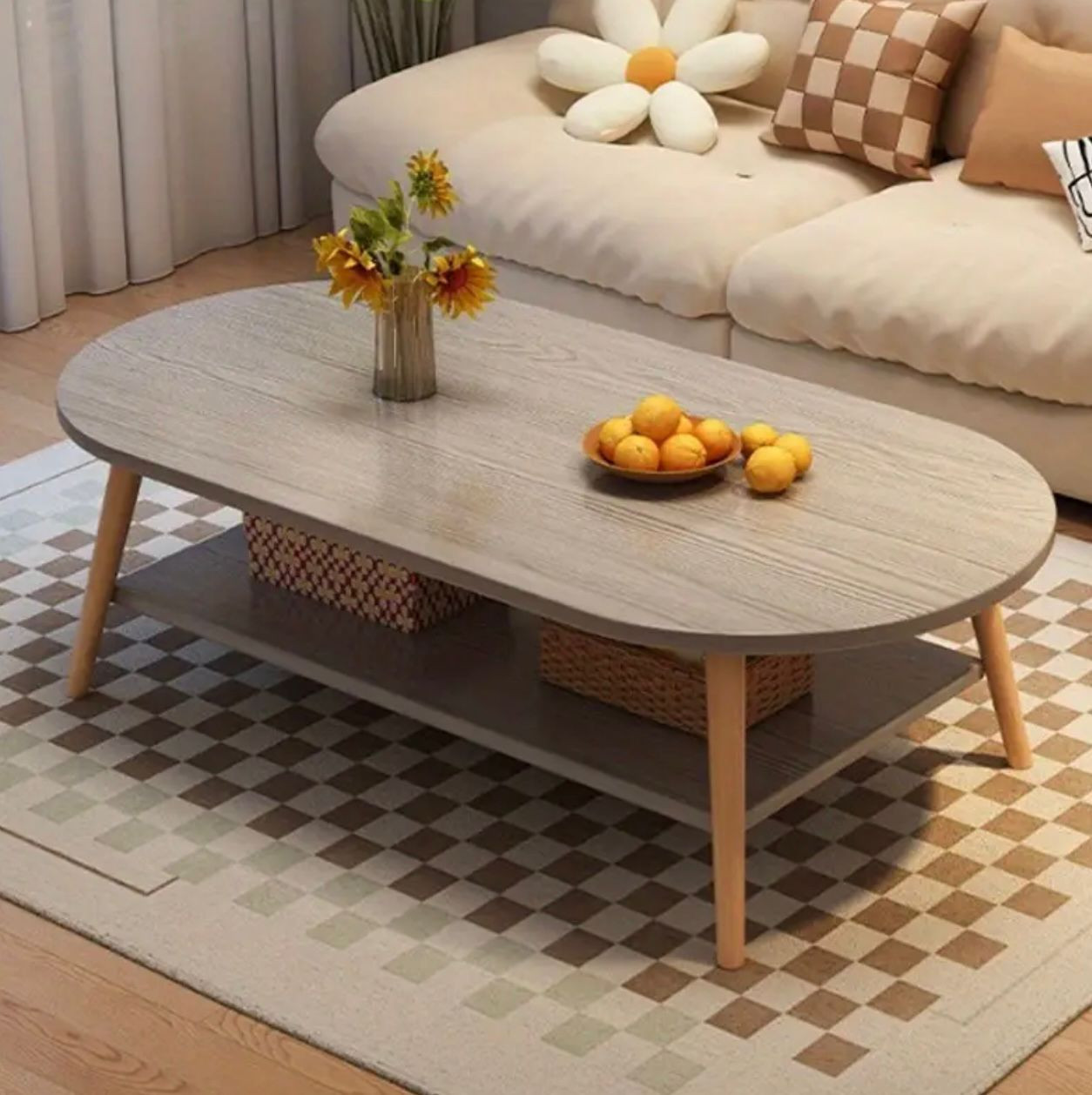 Table basse compacte en bois à 2 niveaux avec plateau et pieds blancs. - Ameublement - Image 3 - Livraison Maroc