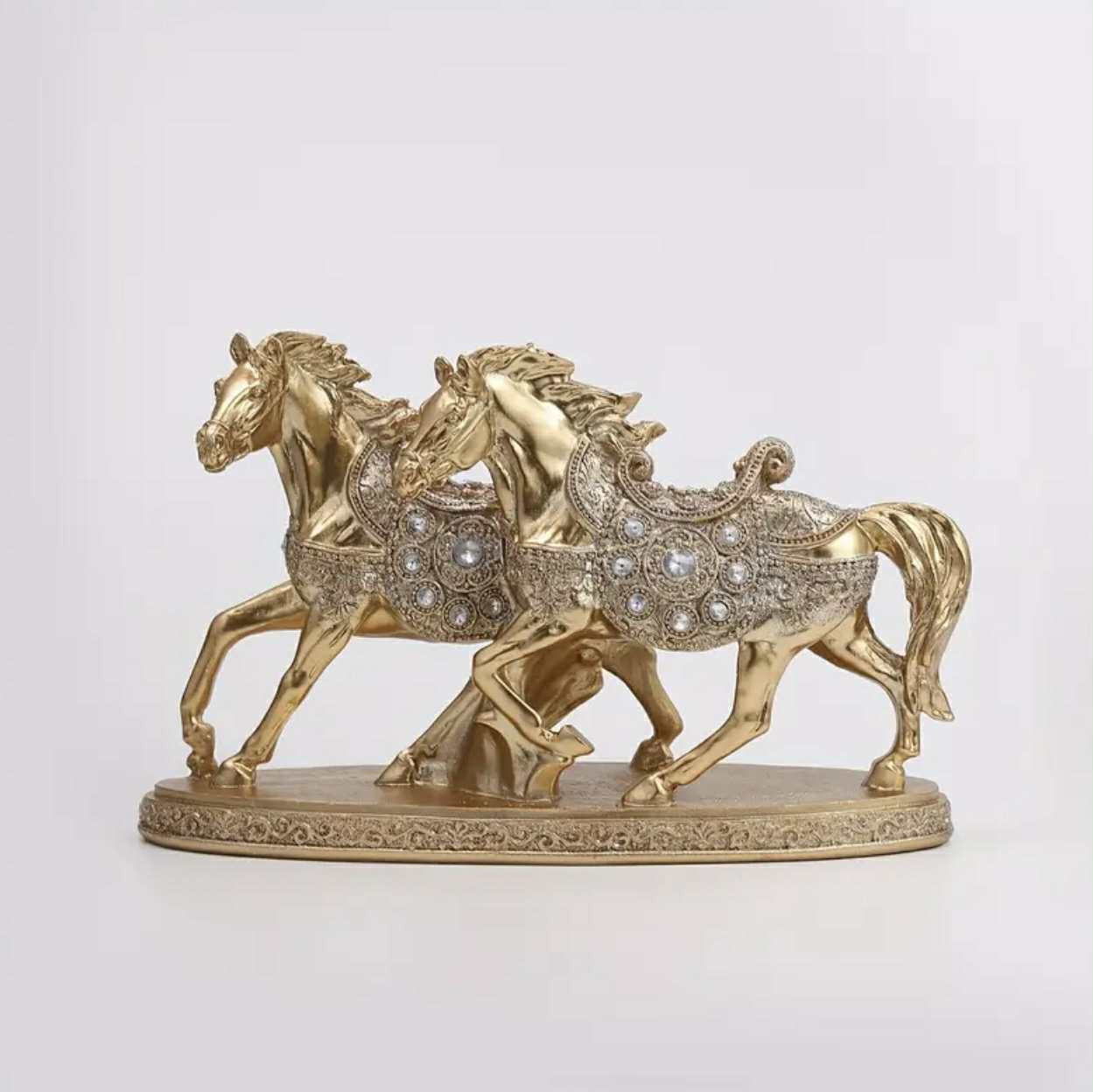Statue de luxe TY, double cheval doré – Sculpture en résine de style. - Décorations - Photo detail - Livraison Maroc