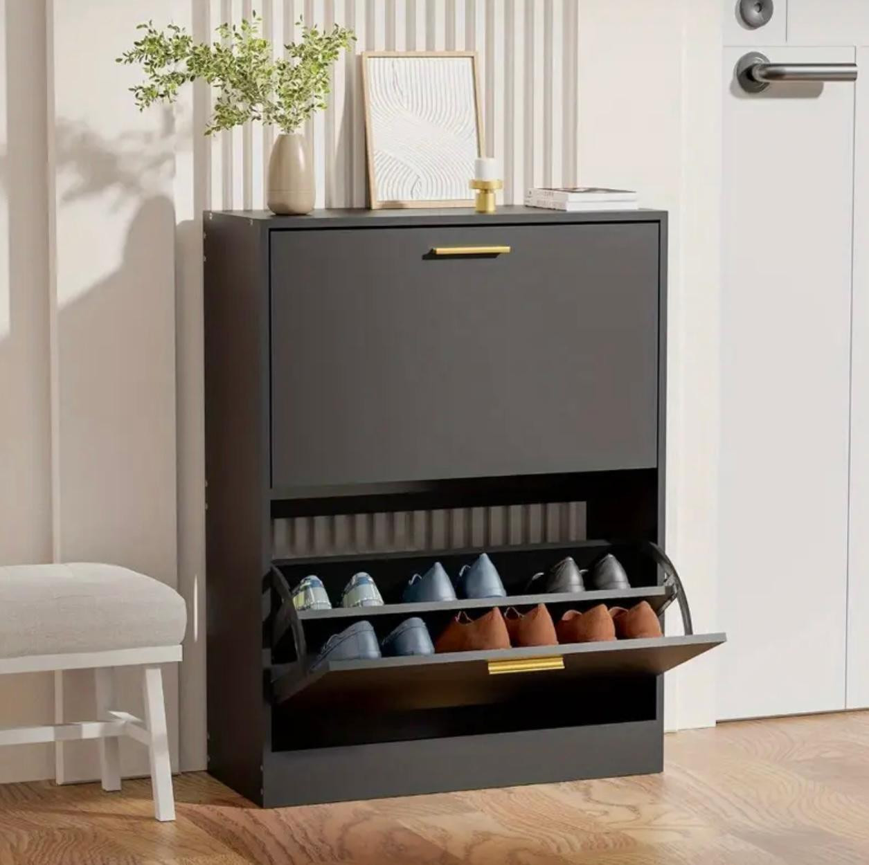 Armoire à chaussures noire à 2 niveaux avec 2 tiroirs rabattables, organisateur de rangement d'entrée contemporain étroit, dossier en bois de pin, assemblage facile