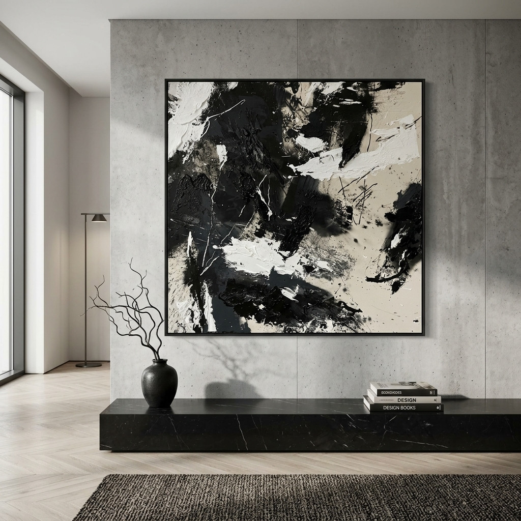Tableau abstrait noir et blanc - Revêtements Muraux - Livraison Maroc