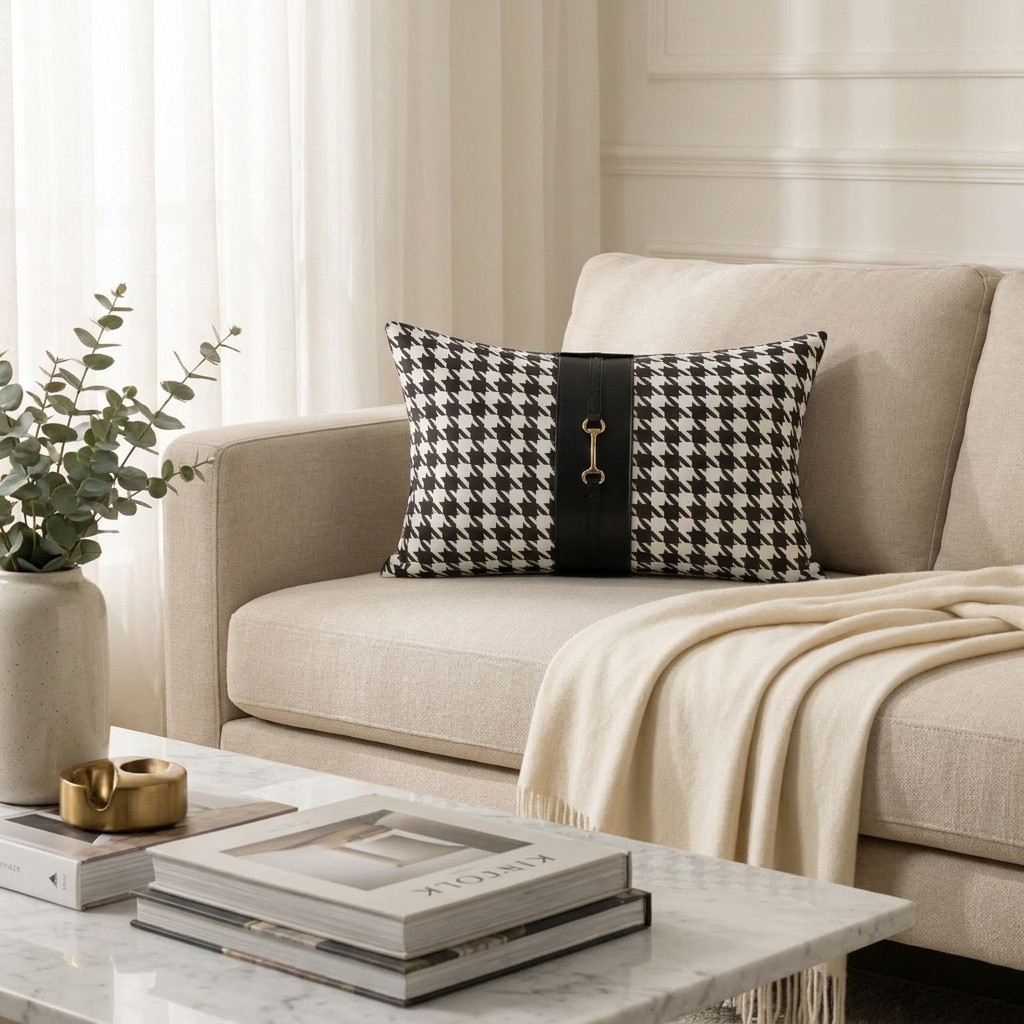 Coussin Pied-de-Poule Luxe Élégance Noire et Blanche - Textiles Déco - Livraison Maroc