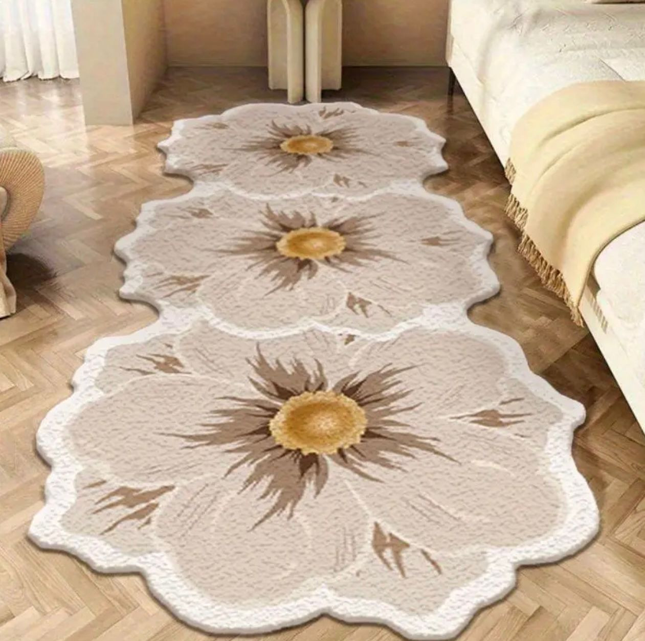 1pc Tapis en peluche extra épais de 10 mm - Tapis de coureur floral beige/blanc/gris/marron, tapis de sol doux pour chambre à coucher, salon, couloir - Tapis de décoration intérieure de luxe avec moti