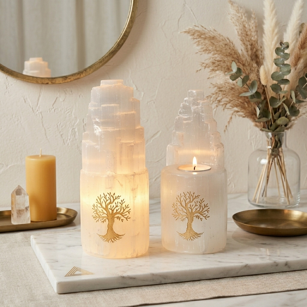Lampe & Bougeoir en Sélénite Naturelle - Décorations - Livraison Maroc