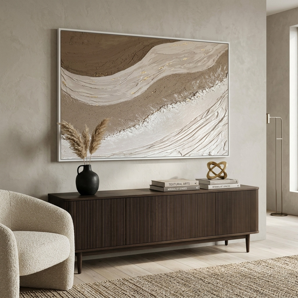 Tableau abstrait texturé beige et blanc