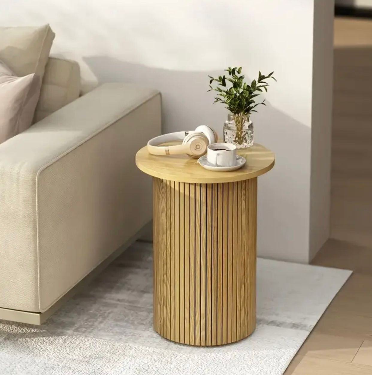 1pc Table à bord concave ronde moderne avec placage de bois tendre et finition en bois naturel