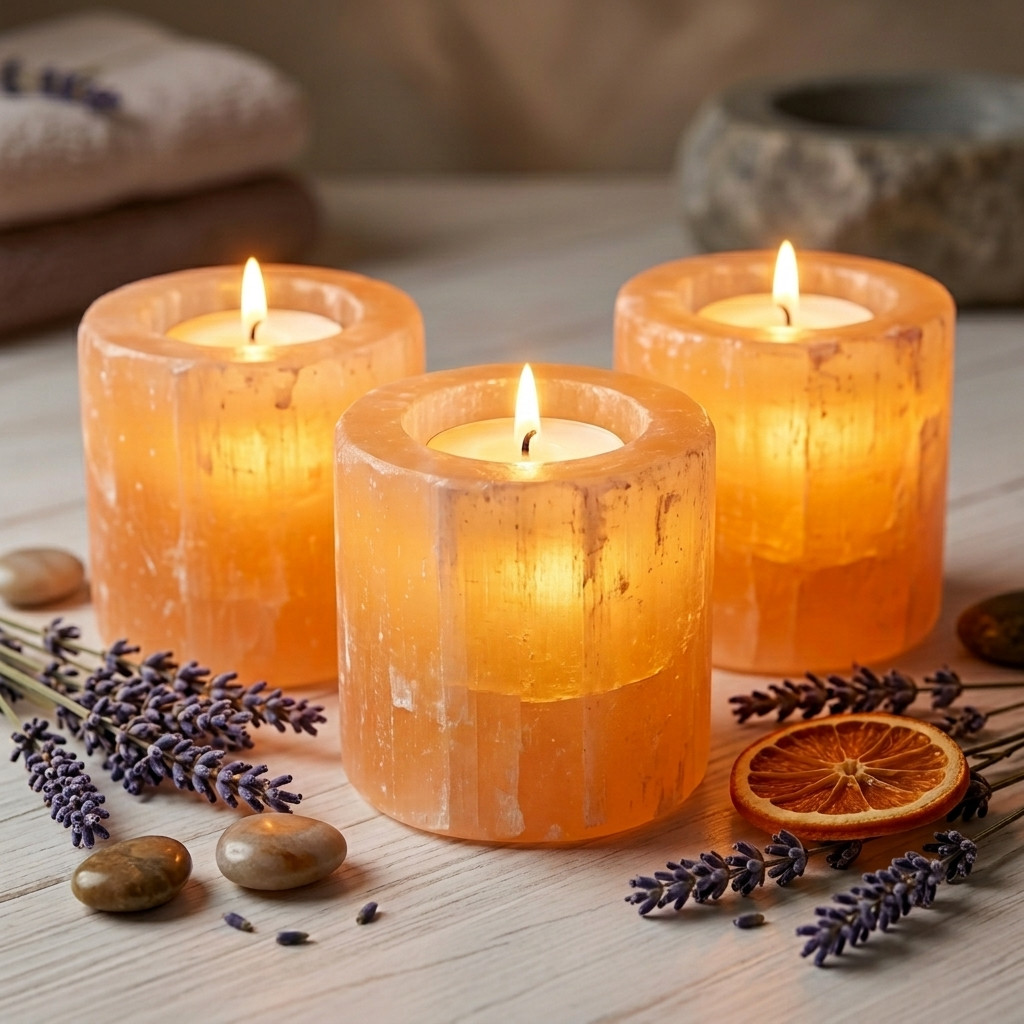 Bougeoirs en Sélénite Orange - Décorations - Livraison Maroc