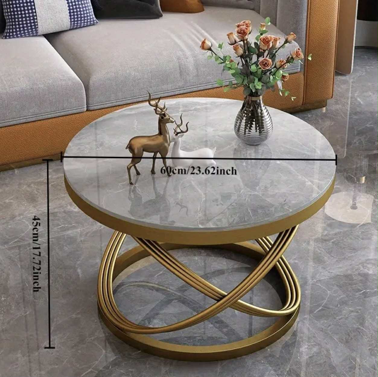 Table basse ronde contemporaine en pierre avec base en métal doré - D. - Tables basses - Livraison Maroc