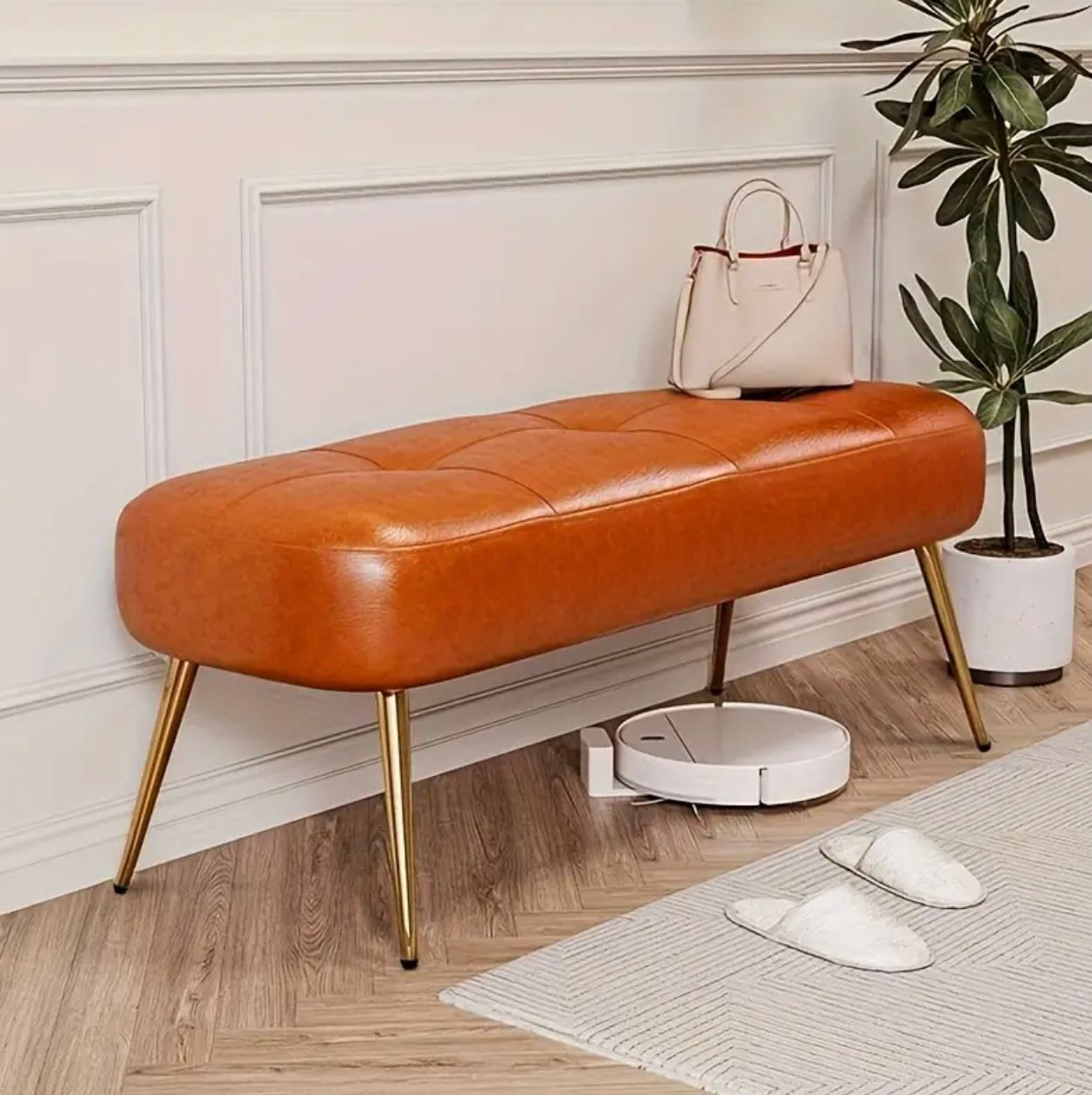 Ottoman moderne en similicuir orange avec pieds dorés - Banquettes - Image 3 - Livraison Maroc